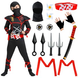 BIQIQI Ninja Costume Children, 13 Pieces Children's Costume Ninja Set, Carnival Costume Children, Ninja Muscle Costume with Ninja Foam Accessories, Boys and Girls Ninja Role Play (XL)
