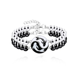 2 Yin Yang Bracelets Set for Couples - His and Hers Hematite Beads Bracelets for Men Women with Extended Stainless Steel Chain, Matching Puzzle Yinyang Bracelets for Boyfriend Girlfriend Best Friends,