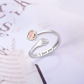 ACJFA 925 Sterling Silver Hug Ring for Women Teens I Love You Gifts for Her 12 Birthstones CZ Adjustable Ring Jewelry Mothers Day Birthday Holiday Gifts