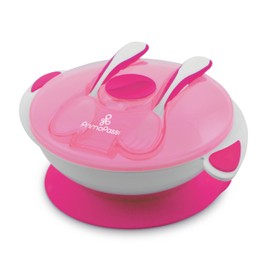 Baby Suction Bowl with Lid Snap-in Fork & Spoon - BPA Free First Stage Self Feeding Utensils - by Primo Passi |Pink|