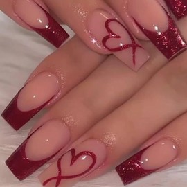 Valentine’s Day Nails Square Press on Nails Medium Fake Nails Press ons Red Glitters French Tip Glue on Nails with Red Heart Design Acrylic Nails Cute False Nails Glossy Stick on Nails for Women 24Pcs