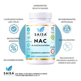 NAC N-Acetilcisteína 600 mg 120 Cáps SAISA HERBAL | Suplemento Natural | Antioxidante, Apoyo Celular y Bienestar Respiratorio