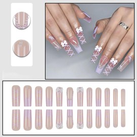 Long Press on Nails French Tip Fake Nails Square False Nails with 3D Bow Designs Glue on Nails Purple Stick on Nails Cute Glossy Artificial Nails for Women 24PCS