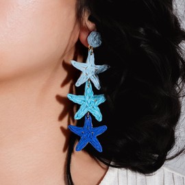 Boho Starfish Shell Seashell Earrings Cute Dangle Drop Earrings Statemnet Trendy Summer Beach Jewelry Long Fun Earring for Women(Blue)