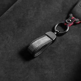 BETTERHUMZ Real Carbon Fiber Keychain for Men and Women,360-Degree Rotatable Key Fob Holder,Anti-Lost D-Ring Leather Keychain (Black)