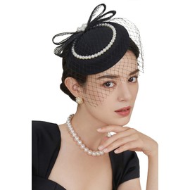 BABEYOND Veil Fascinator Hat for Women Tea Party Kentucky Derby Fascinator Hat Pillbox Hat Feather Fascinator with Pearl (Black)
