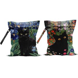 2Pcs Cat Wet Bags 12x10 Inch, Flowers Waterproof Travel Laundry Bags, Colorful Floral Reusable Wet Dry Bag for Swimsuit Beach Diapers Dirty Yoga Gym Clothes, Cat Gifts for Women Friend Travelers