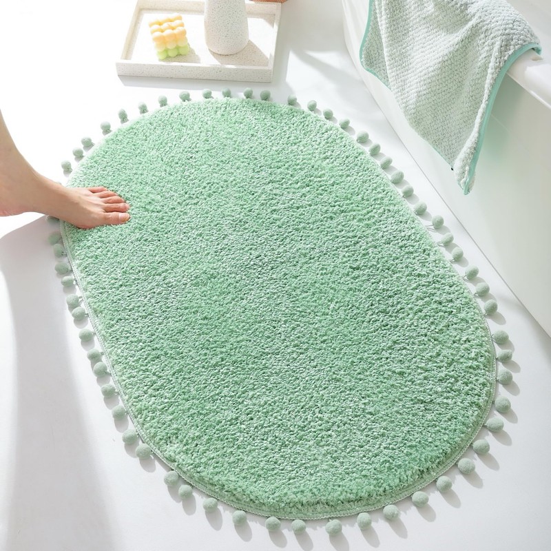 YIRDDEO Sage Green Pom Bath Rug for Bathroom Non Slip,