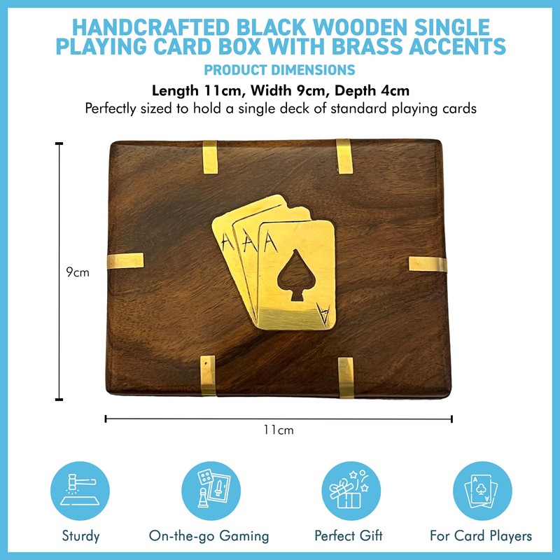 Thorness Elegant Black Wooden Playing Card Box with Brass Accents