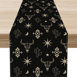 Camino de mesa occidental, rústico azteca con calavera de vaca, vaquero, nativo del oeste, étnico, geométrico, granja, color negro, centro de decoración para la familia, cocina, comedor al aire última