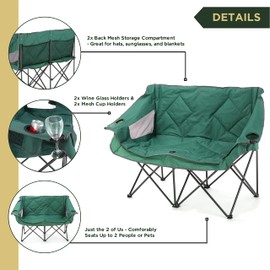 ARROWHEAD OUTDOOR Portable Folding Double Duo Camping Chair Loveseat w/ 2 Cup & Wine Glass Holder, Heavy-Duty Carrying Bag, Padded Seats & Armrests, Supports up to 500lbs, USA-Based Support