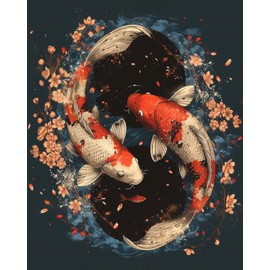 Koi Fish Paint by Numbers Kit for Adults, Two Koi Fish Swimming Paint by Numbers with Paintbrushes and Acrylic Pigment, Flowers Blossoms Paint by Numbers Kit for Adults Beginner 16x20 Inch Frameless
