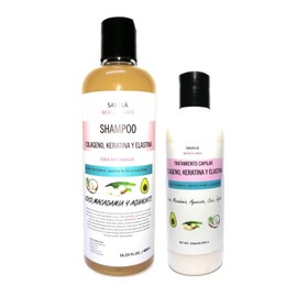 Kit Shampoo 480ml + Mascarilla capilar 250gr (Leave on), Colágeno, Elastina y keratina reparador capilar, reparador puntas con Argán, Macadamia, Aguacate, Coco y Jojoba. Brillo y sedosidad