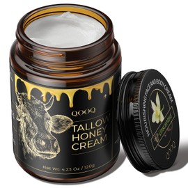 QOOQ 100% Tallow de ternera alimentada con pasto para la piel con miel cruda y aceite de rosa de playa, hidratante orgánico batido para pieles sensibles y eccemas, loción natural para rostro/cuerpo