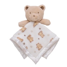 Plush Rattle Baby Snuggle Blanket with Satin, Bear Print, Tan Teddy Bear Toy (14 inch)