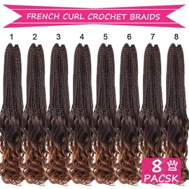 18 Inch 8 Packs French Curl Crochet Braids Bohemian Goddess Box Braid Hair Pre Looped French Curly Braiding Hair Box Braids Crochet Hair With Curly Wavy Ends Synthetic Hair Extensions (T30#)