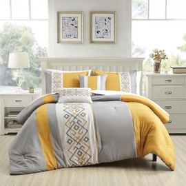 ESCA Bed-in-a-Bag 9-Pieces Nelsey Gray and Yellow Comforter and Sheet Set Cal King Size Bed in Bag