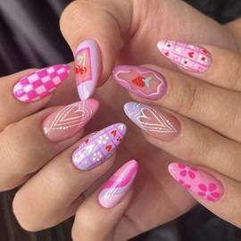 Press on Nails Hearts Pink 24Pcs Artificial Glossy Full Cover Almond Pink Fake Nails with Valentine's day Designs Acrylic Medium False Nails with Glue Stick on Fingernails for Women Girls