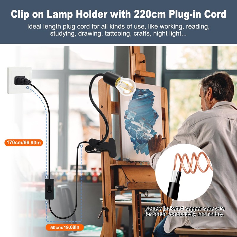 E26/E27 Clip-On Bulb Holder With 7.2Ft Switch Cable - Flexible