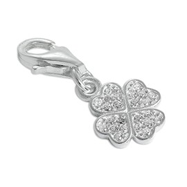 jewellerybox CZ Crystal Encrusted Sterling Silver Lucky 4 Leaf Clover Clip on Charm
