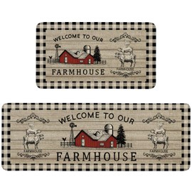 Farmhouse Kitchen Rugs Set of 2 Non-Slip Farm Kitchen Mats Rustic Home Decor Low Profile Washable Floor Mat 17x47 Inch and 17x29 Inch