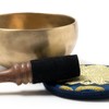 Tibetan Singing Bowl Hand-Hammered with Blue Lotus Motif and Wood/Leather
