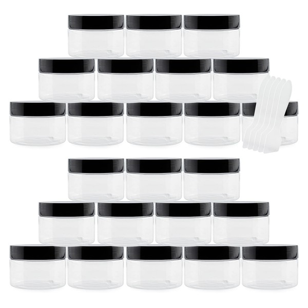 Cornucopia 4oz Clear Plastic Jars with Labels & Spatulas & Lids (24-Pack); Straight Sided PET Low Profile BPA-Free Containers