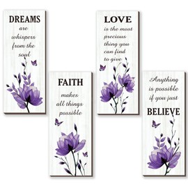 DONFENTHY 4 Pcs Purple Bathroom Decor Purple Wall Decor With Dreams Faith Love Believe Positive Quotes Wooden Rustic Bathroom Accessories for Home Bedroom Living Room Kitchen(10X4)