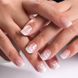 Press on Nails Short False Nails Square with Flower Design White Gradient Glue on Nails Nude Full Cover Fake Nails Press ons Glossy Acrylic Nails Artificial Stick on Nails for Women 24Pcs