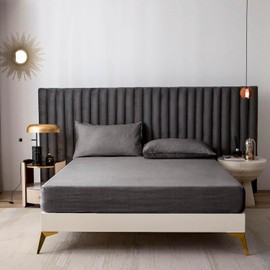 CHUFFED Fitted Sheet 140 x 200 cm Linen 100% Fitted Sheet 30 cm Deep Pocket Temperature Regulating Breathable Fitted Sheet with Elastic Band, Dark Grey