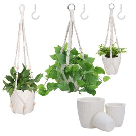 King Ma Macrame Plant Hanger Indoor, 3 Pack Different Size Hanging Plant Holder with Plastic Pots and Hooks Planters Basket Ceiling Window Wall Crochet Plant Hangers for Boho Home Decor