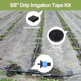 100 ft 5/8" Drip Irrigation Tape Kit Emitter Spacing 6" with 20PCS Drip Tape Connectors and 20PCS Drip Tape Row Ends Automatic Equipment for Garden Irrigation Wall Thickness : 15 mil 0.53GPH
