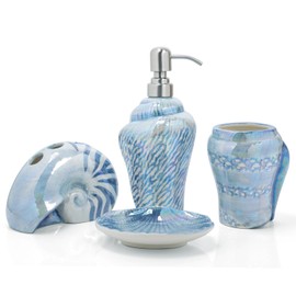 FORLONG Ocean Conch Sea Shell Ceramic Bathroom Accessories Set of 4,1 Gargle Cups 1 Toothbrush Holders 1 Soap Dishes 1 Soap Dispenser Blue