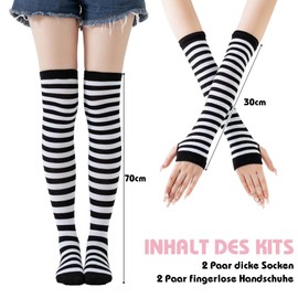 Scettar 2 Pairs of Thigh High Socks & 2 Pairs Long Fingerless Gloves, Striped Knee High Socks Leg Warmers for Women and Arm Warmers for Women and Girls (Black + Pink), (Black + Pink)
