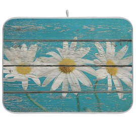 Sweetshow Daisy On Old Wooden Board Dish Drying Mat for Kitchen Counter Turquoise Wood Drying Mat 16 x 18 Inch with High Absorbent Reversible Microfiber Dish Drying Pad Drainer Mat for Coffee Bar