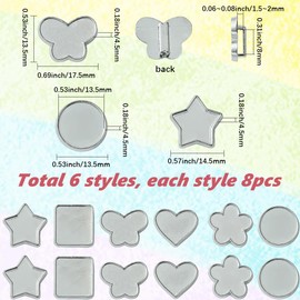 SUNNYCLUE 1 Box 48Pcs 6 Styles Silver Slider Charm Bezel Tray Settings Bulk Blank Round Star Butterfly Heart Trays Metal 8mm Hole Slide Beads for Bracelets Jewellery Making DIY Crafts Wristbands Women
