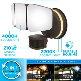 Enbrighten VIBE Smart LED Security Light, Motion Activated, Three Head, ETL Listed, UV Resistant, 3400 Lumens, 4000K, Compatible with Alexa, Google Home, Bronze, 58245