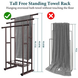 Kayfia 40" Tall Standing Towel Racks for Bathroom, 3 Tier Towel Rack Stand with Storage Basket, Blanket Ladder Drying and Display Rack for Oversized Bath Towel, Next to Tub Or Shower (Bronze)