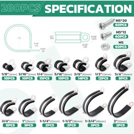 OURU 280PCS Cable Clamps with Screws Assortment Kit 304 Stainless Steel Rubber Cushioned Insulated Wire Pipe Clamps 13 Sizes—1/8" 3/16" 1/4" 5/16" 3/8" 1/2" 5/8" 3/4" 1" 1-1/4" 1-1/2" 1-3/4" 2”