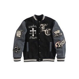 SOLY HUX Men's Letter Graphic Color Block Varsity Jacket Long Sleeve Y2k Streetwear Baseball Jacket Black Letter Large