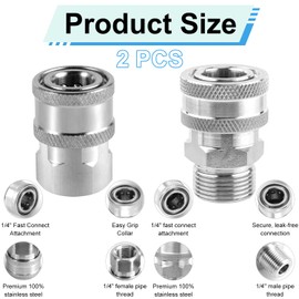 NQEUEPN 2pcs Fast Connect Pressure Washer Fittings, Stainless Steel Pressure Water Gun Connectors 1/4 Fast Connect Plug(External Thread, Internal Thread)