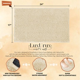 LuxUrux Bath Mat-Extra-Soft Plush Bath Shower Bathroom Rug, 1'' Chenille Microfiber Material, Super Absorbent Shaggy Bath Rug (Cream, 42 x 60 cm)