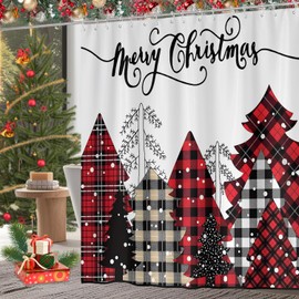 CoFlink 71×71 Inch Merry Christmas Shower Curtain, Waterproof Polyester Fabric Xmas Shower Curtain with 12 Hooks Machine Washable Quick Dry for Bathroom Decor (Red White)