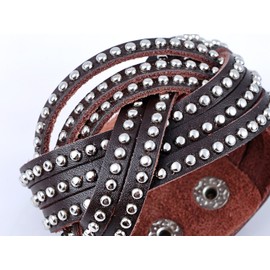Alilang Western Country Faux Brown Leather Layered Studded Snaps Wrap Cuff Bracelet
