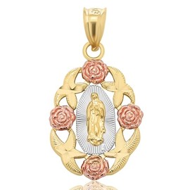 Jewelry America 14k Yellow Gold and Rose Gold Our Lady of Guadalupe Rose Wreath Pendant - Small