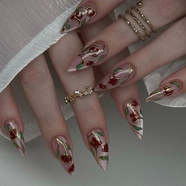 Almond Press on Nails Medium Length Fake Nails Pink Glitter Acrylic Nails Glossy Stick on Nails Full Cover Red Rose Artificial Nails Flower False Nails for Women Girls Art Manicure Decor 24pcs