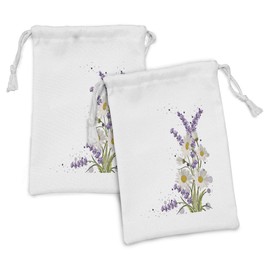 Lunarable Lavender Fabric Pouch Set of 2, Vivid Bouquet Daisies Color Slashes Scenic Modern, Small Drawstring Bag for Toiletries Masks and Favors, 9" x 6", Reseda Green Marigold
