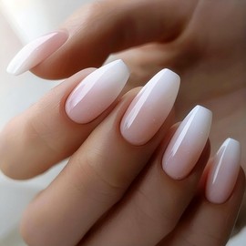 Rchovsam Short Press on Nails Ballet Shape Nails Press Ons White Pink Gradient Designs Fake Nails Full Cover Glossy Acrylic False Nails Gift for Women 24pcs