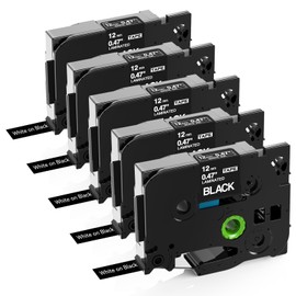 Labelife TZe-335 Label Tape Replacement for Brother P Touch Label Maker Tape White on Black TZe TZ Tape 12mm 0.47 Laminated Black Label Tape TZe335 for Brother PT-D220 PT-D210 PT-H110, 5-Pack