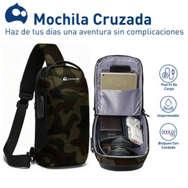 Bluelander Mochila Antirrobo Cruzada, Bolso de Pecho para Hombre con Seguro de Código Integrado, Puerto USB Resistente al Agua, Ligero y Seguro, Bolso Bandolera para Viajes, Deportes (Verde Camuflaje)